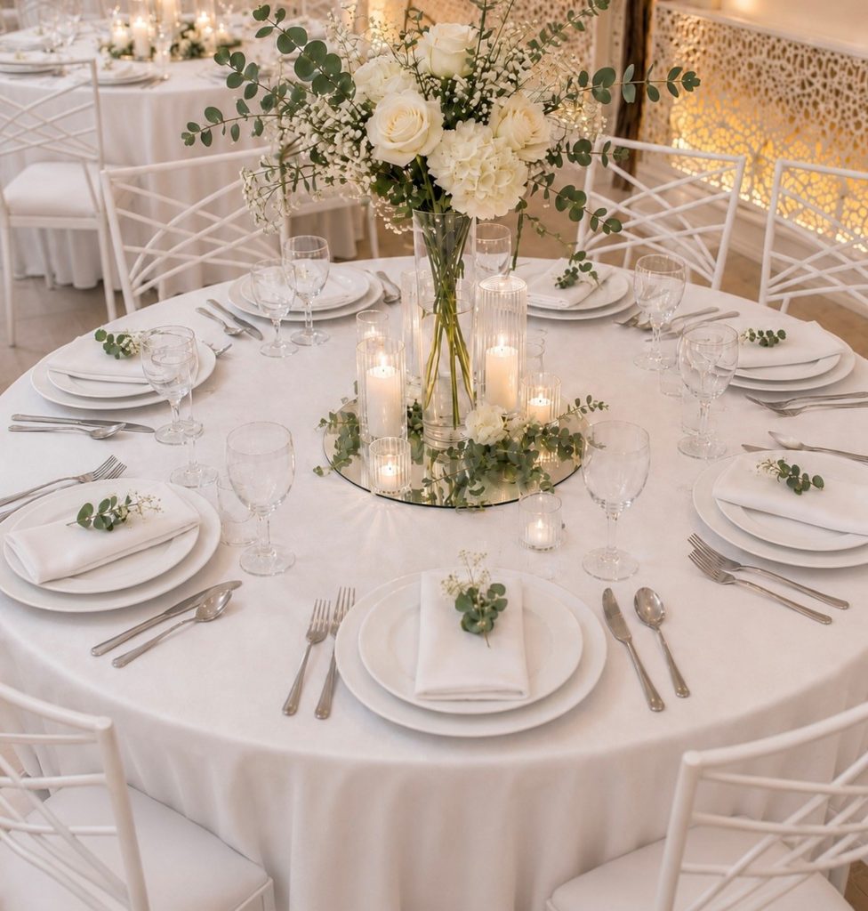 Festlich gedeckter Hochzeitstisch mit weißen Stühlen und Blumendekoration im Riad Mashallah Karben